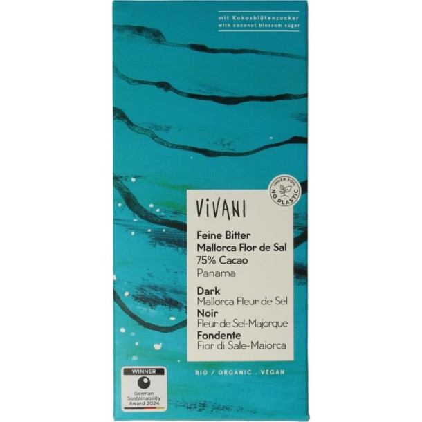 Vivani Chocolade puur zeezout 75% kokosbloesemsuiker bio (80 Gram)