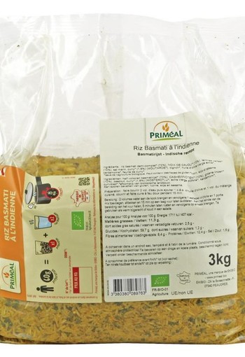 Primeal Basmati rijst Indiaase stijl bio (3 Kilogram)