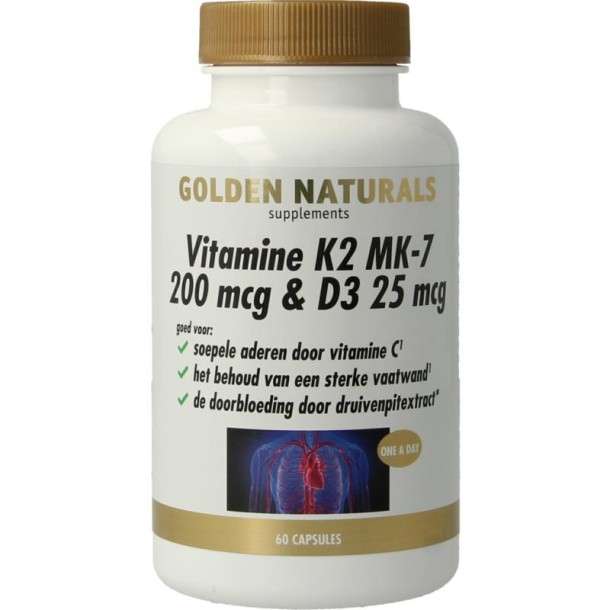 Golden Naturals Vitamine K2 200mcg & D3 25mcg (60 Vegetarische capsules)