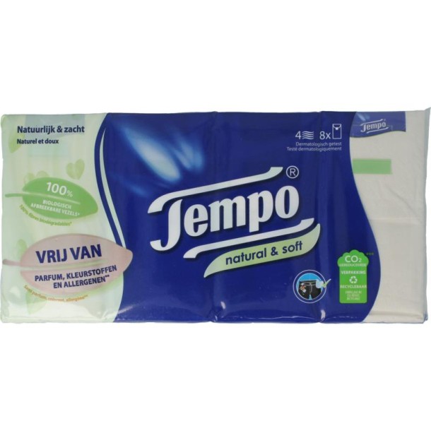 Tempo Natural & soft zakdoekjes 8 x 9 stuks (8 Stuks)