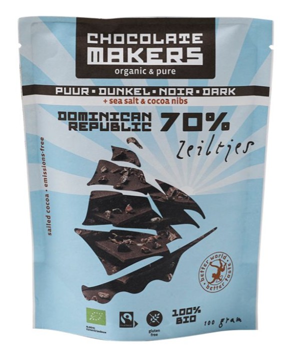Chocolatemakers Zeiltjes puur 70% met cacaonibs & zeezout bio (100 Gram)