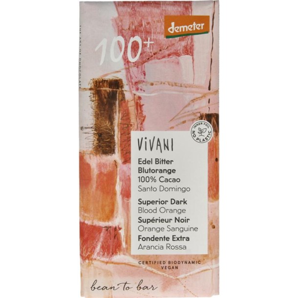 Vivani Chocolade Demeter puur 100% bloedsinaasappel bio (90 Gram)