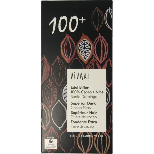 Vivani Chocolade puur 100% + cacao nibs bio (80 Gram)