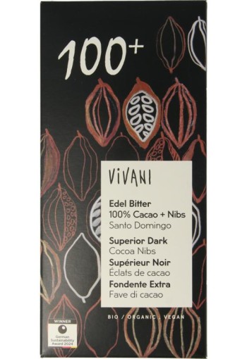 Vivani Chocolade puur 100% + cacao nibs bio (80 Gram)