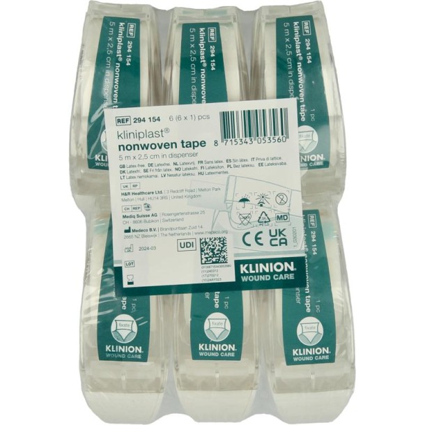 Kliniplast Hechtpleister 5m x 2.5cm non woven luxe (6 Stuks)