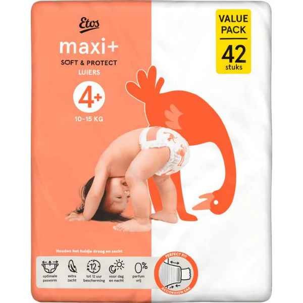 Etos Luiers Maxi+ Maat 4+ 10-15 kg Value Pack 42 stuks
