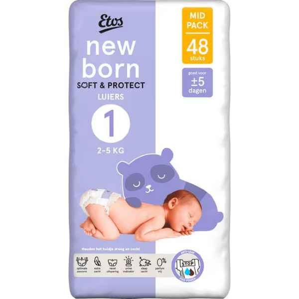 Etos Luiers Newborn Maat 1 VOORDEELBOX  ( 3 pakken )   2-5 kg Mid Pack 48 stuks x 3 is 144 luiers