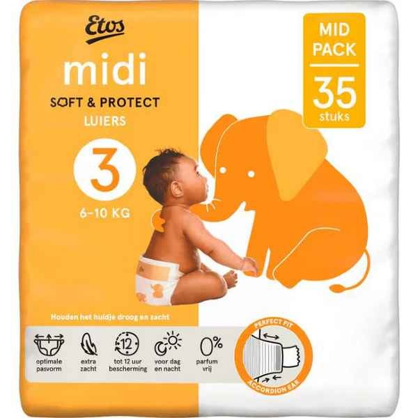 Etos Luiers Midi Maat 3  VOORDEELBOX  ( 3 pakken ) 6-10 kg Mid Pack 35 stuks x 3 is  105 luiers