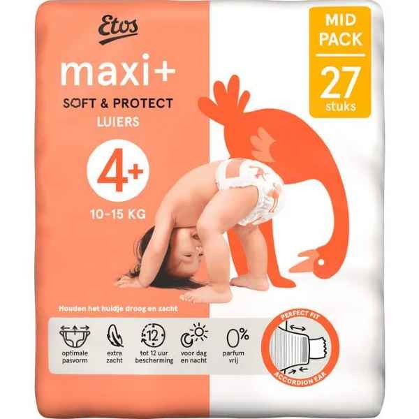 Etos Luiers Maxi+ Maat 4+ VOORDEELPBOX. (3 pakken ) 10-15 kg Mid Pack 27 stuks x 3 is 81 luiers