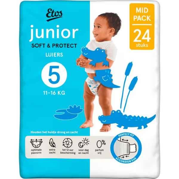 Etos Luiers Junior Maat 5 VOORDEELBOX (3 pakken ) 11-16 kg Mid Pack 24 stuks x 3 is 72 luiers