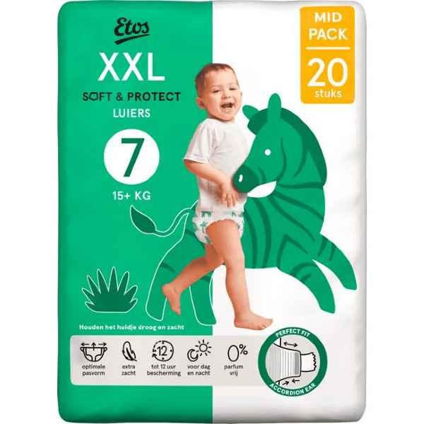 Etos Luiers XXL Maat 7  VOORDEELBOX ( 3 pakken ) 15+ kg Mid Pack 20 stuks x 3 is 60 luiers