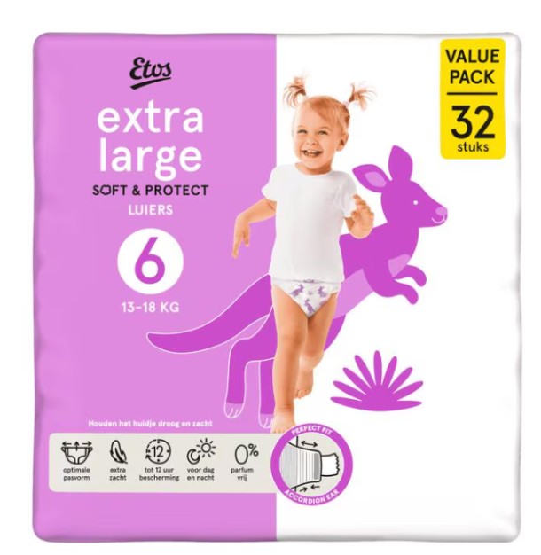 Etos Luiers Extra Large Maat 6 13-18 kg Value pack 32 stuks