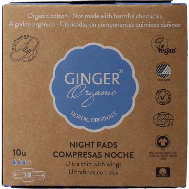 Ginger Organic Maandverband nacht met vleugels (10 Stuks)
