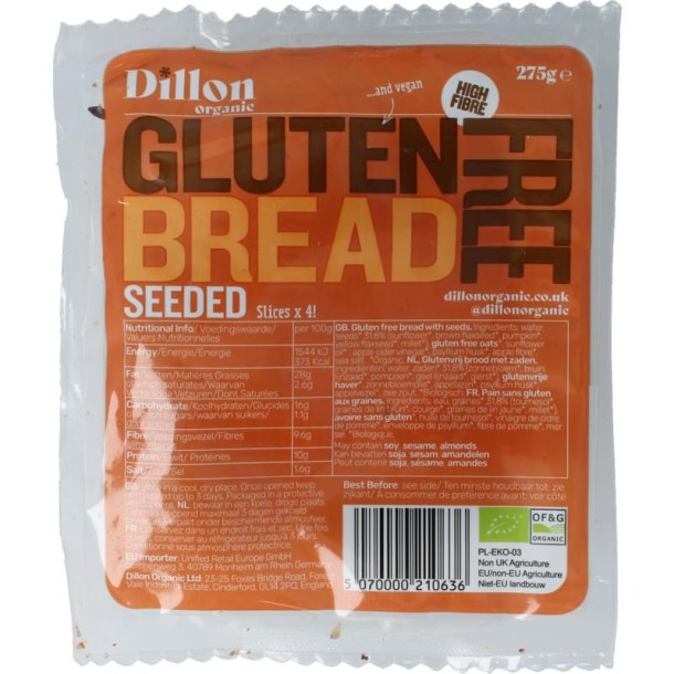Dillon Organic Sliced bread seeded glutenvrij bio demeter (275 Gram)