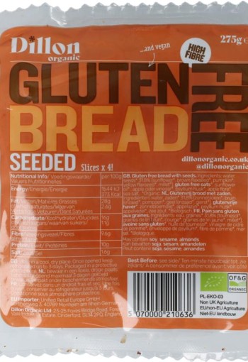 Dillon Organic Sliced bread seeded glutenvrij bio demeter (275 Gram)