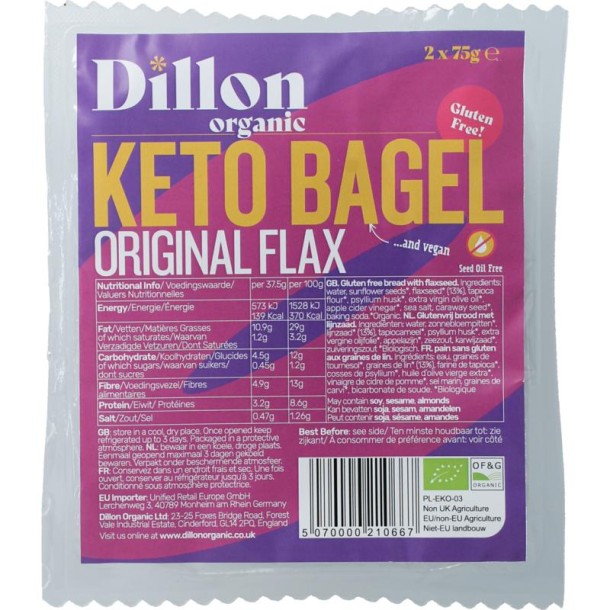 Dillon Organic Bagel lijnzaad glutenvrij bio demeter (150 Gram)