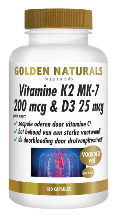 Golden Naturals Vitamine K2 MK-7 200mcg & D3 25mcg (180 Vegetarische capsules)