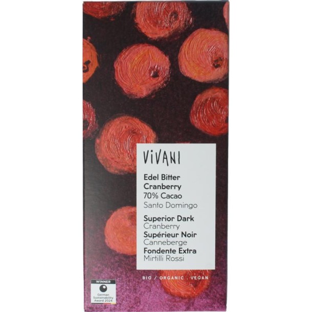 Vivani Chocolade puur cranberry 70% bio (80 Gram)