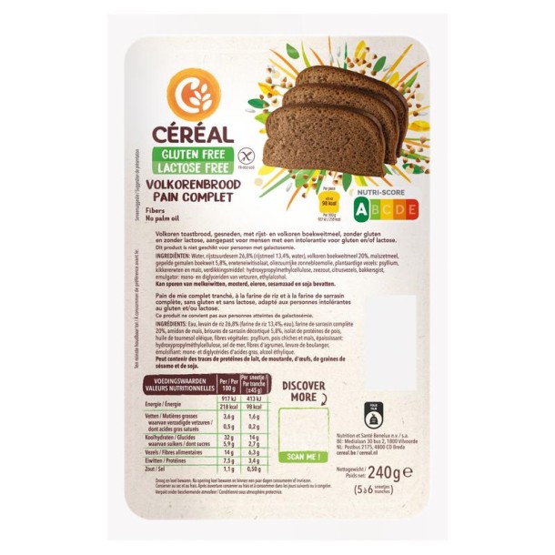 Cereal Volkorenbrood gluten- en lactosevrij (240 Gram)