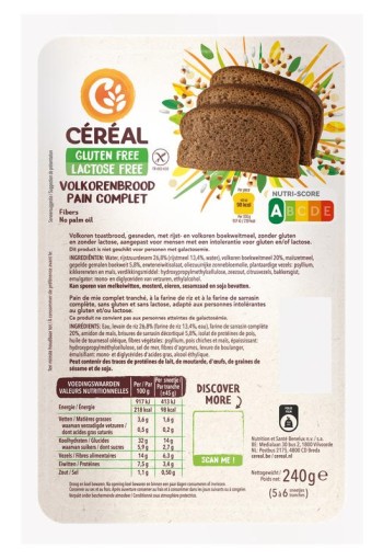Cereal Volkorenbrood gluten- en lactosevrij (240 Gram)