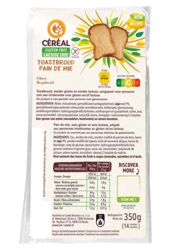 Cereal Toastbrood gluten- en lactosevrij (350 Gram)