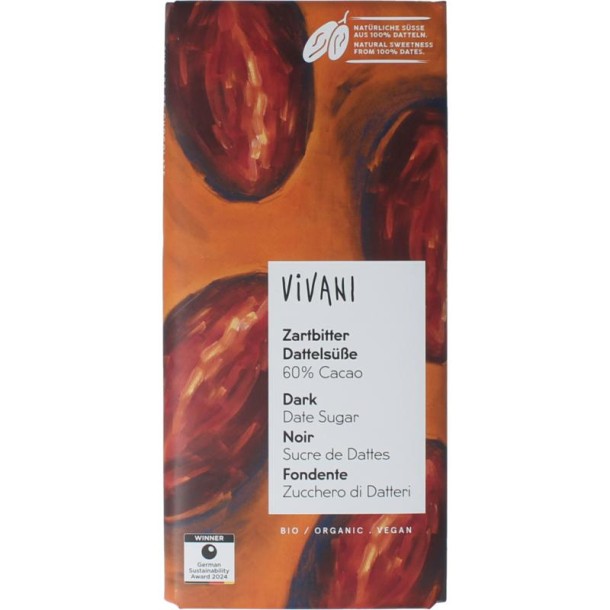 Vivani Chocolade puur 60% dadel gezoet bio (80 Gram)