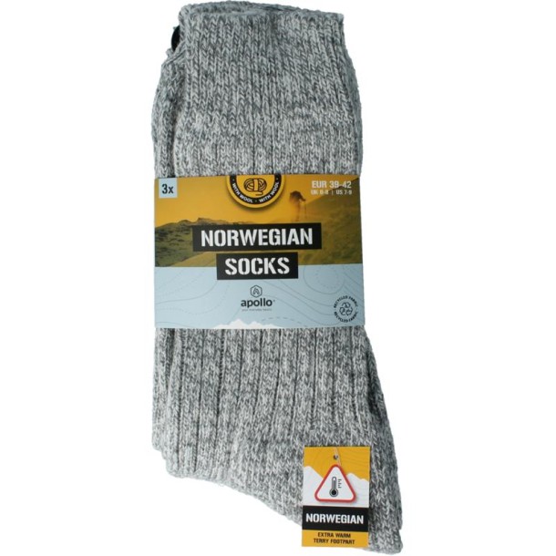 Apollo Noorse sokken 39-42 grijs (3 Paar)