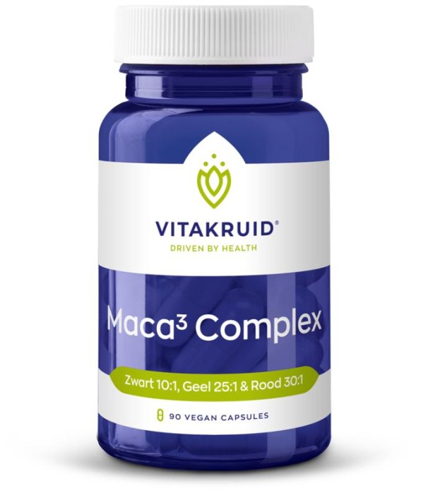 Vitakruid Maca3 complex zwart 10:1, geel 25:1 & rood 30:1 (90 Vegetarische capsules)