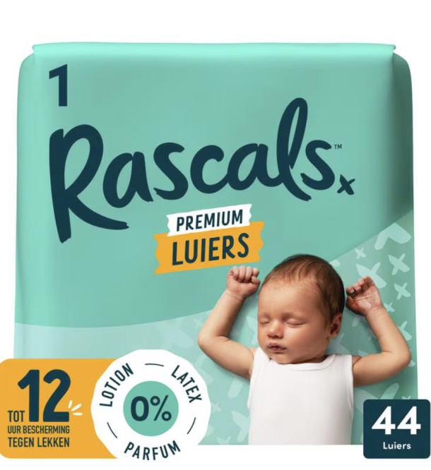 Rascals Premium Luiers Maat 1 3-5 KG 44 stuks