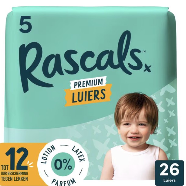 Rascals Premium Luiers Maat 5 13-18 KG 26 stuks/ 2 stuks € 15,00