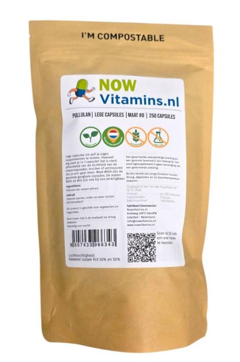 Nowvitamins.nl Pullulan lege capsule mt 0 (250 Stuks)