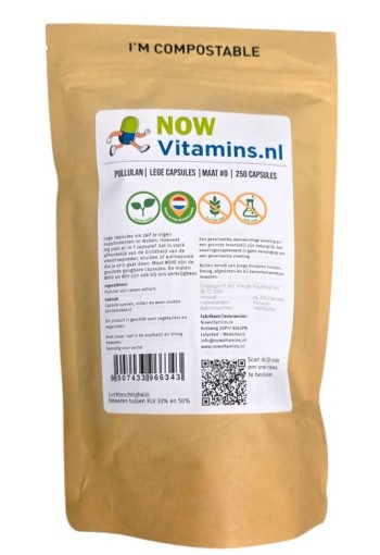 Nowvitamins.nl Pullulan lege capsule mt 0 (250 Stuks)