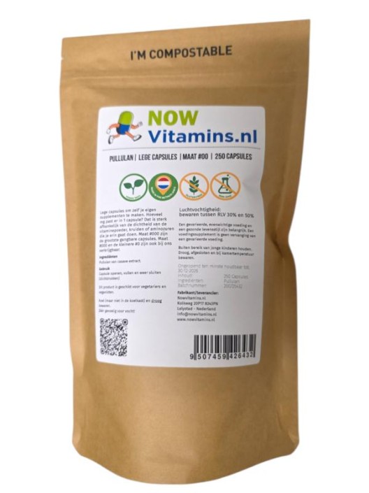 Nowvitamins.nl Pullulan lege capsule mt 00 (250 Stuks)