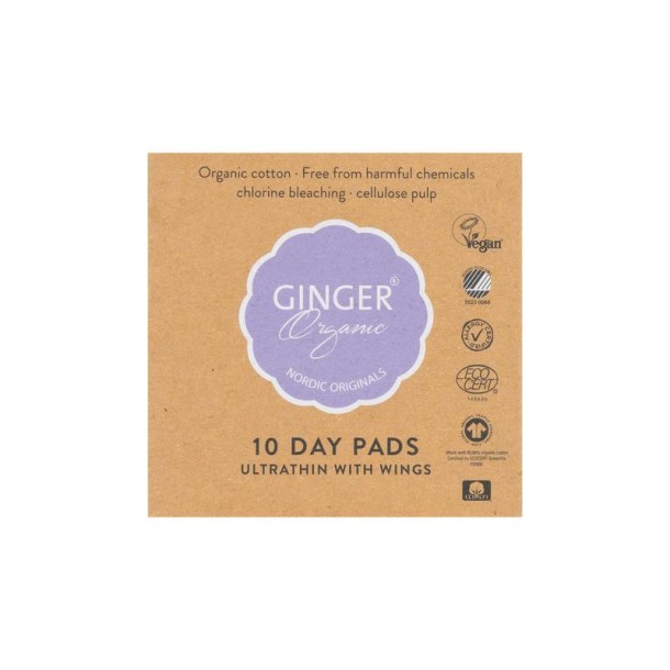 Ginger Organic Maandverband dag met vleugel (10 Stuks)