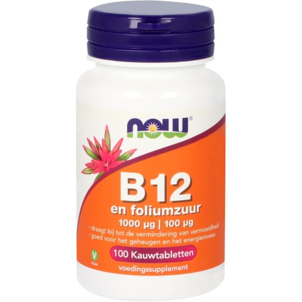 NOW Vitamine B12 1000mcg en Foliumzuur 100mcg (100 Kauwtabletten)