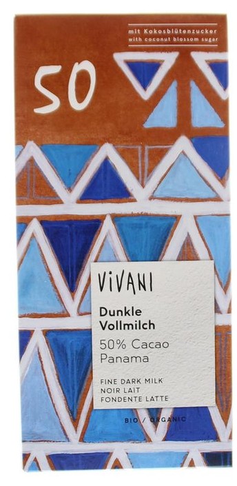 Vivani Chocolade melk donker 50% kokosbloesemsuiker bio (80 Gram)