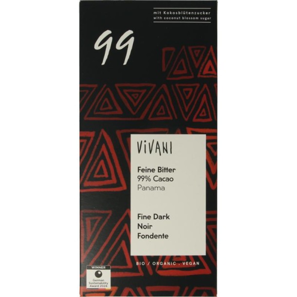 Vivani Chocolade puur 99% kokosbloesemsuiker bio (80 Gram)