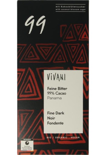 Vivani Chocolade puur 99% kokosbloesemsuiker bio (80 Gram)