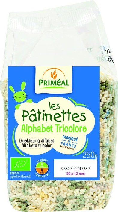 Primeal Pasta driekleurig alfabet bio (250 Gram)