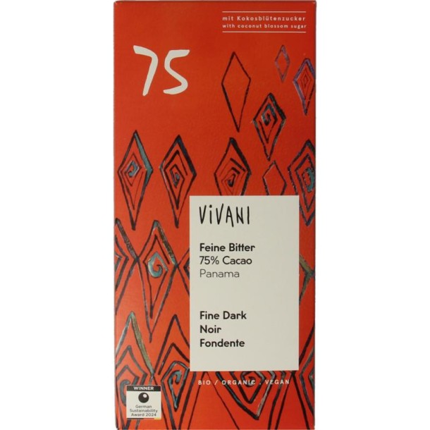Vivani Chocolade puur 75% kokosbloesemsuiker bio (80 Gram)