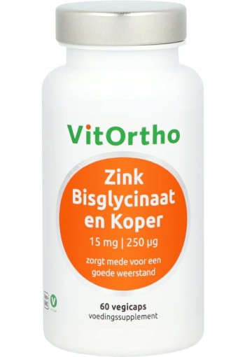 Vitortho Zink bisglycinaat 15 mg en koper 250 mcg (60 Vegetarische capsules)