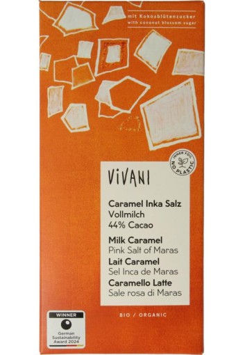Vivani Chocolade melk car. zeezout kokosbloesemsuiker bio (80 Gram)