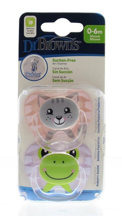 Dr Brown's Fopspeen prevent animal faces F1 roze (2 Stuks)