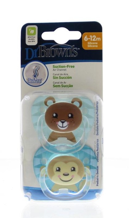 Dr Brown's Fopspeen prevent animal faces F2 blauw (2 Stuks)