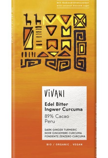 Vivani Chocolade puur 89% gember/kurkuma Peru bio (80 Gram)