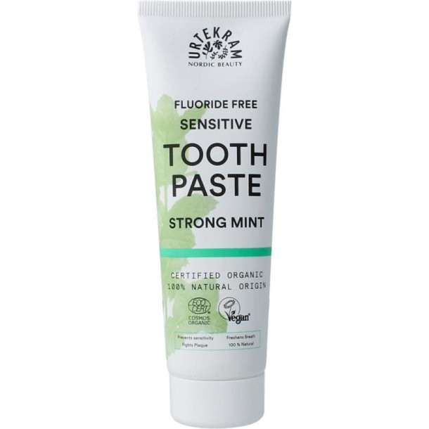 Urtekram Tandpasta sensitive strong mint fluoridevrij (75 Milliliter)