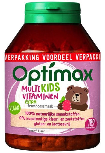 Optimax Kinder 1+ Multivitamine Kauwtabletten Extra Framboos 180 stuks