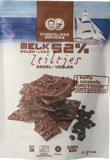Chocolatemakers Zeiltjes melk 52% met cacaonibs & koffie bio (100 Gram)